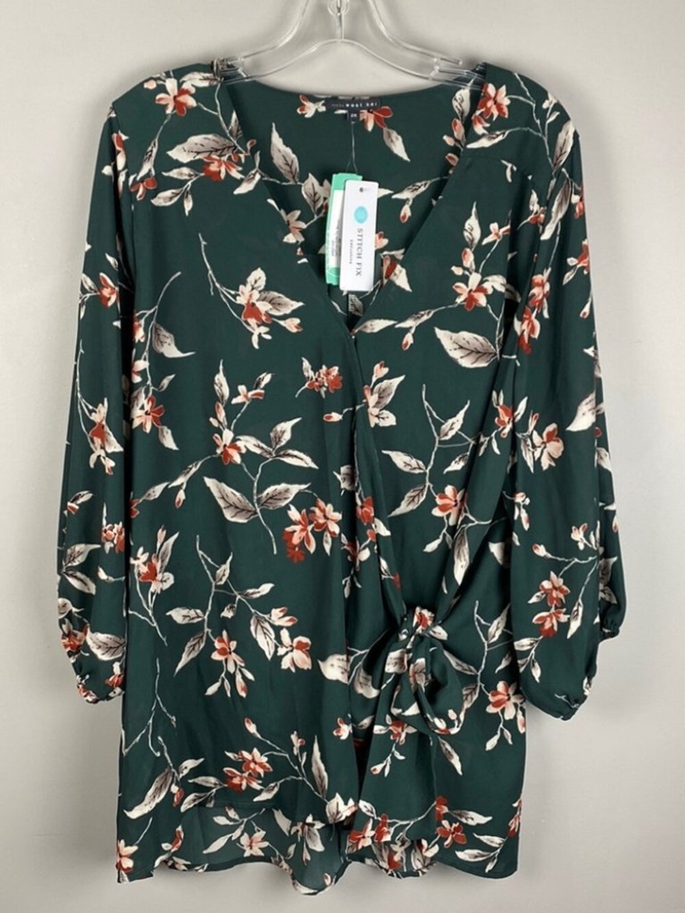 West Kei Stitch Fix Green Floral Faux Wrap Side Tie 3/4 Sleeve V-Neck Blouse 1X